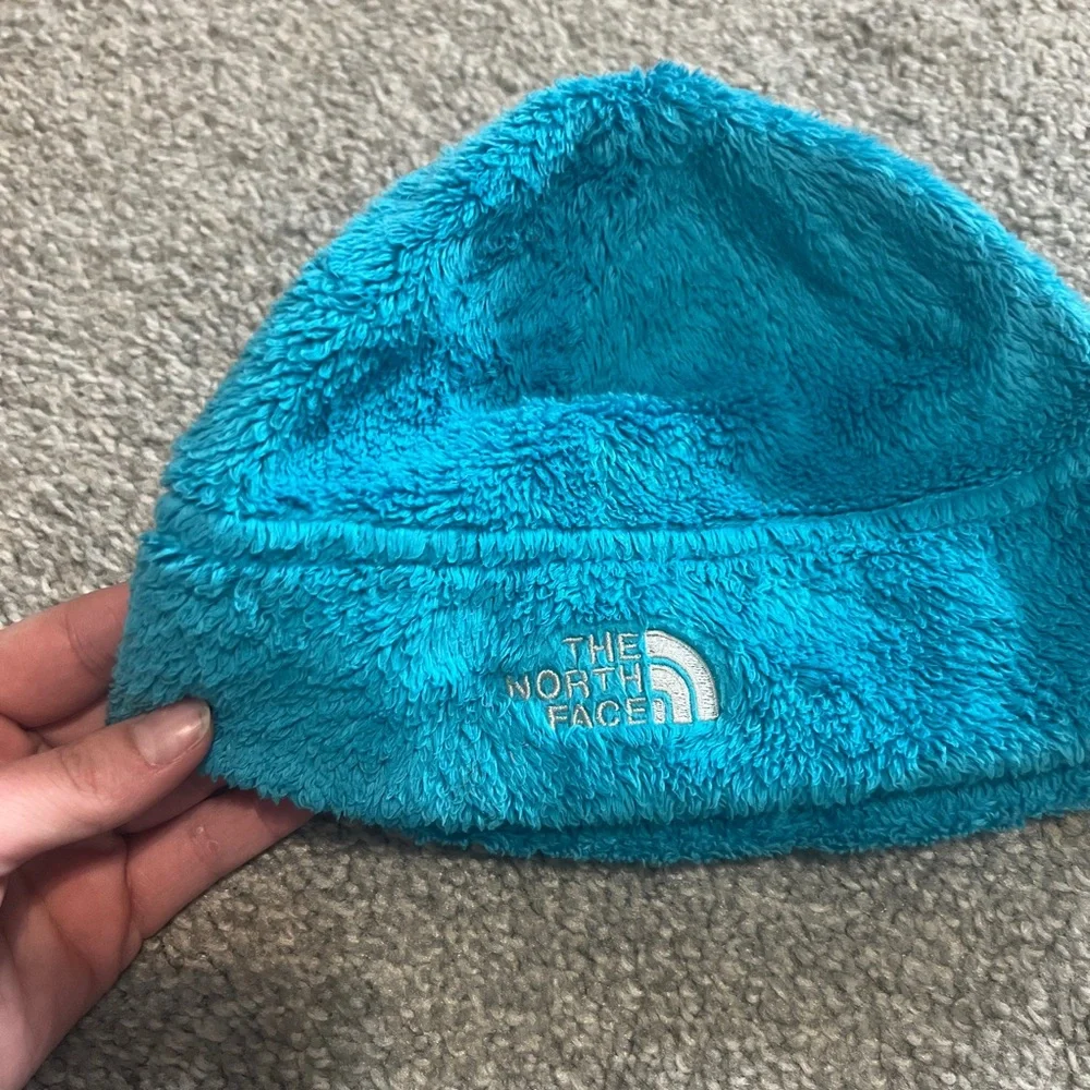 The north face beanie girls‎ blue fleece logo spell out hat cap outdoor winter